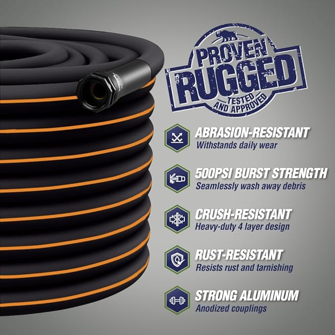 RUGGED RHINO Heavy Duty Garden Hose 25ft x 5/8in, Anti-Kink and Leakproof, Durable 4-Layer Construction, 500 PSI Burst, All Weather Outdoor Watering for Lawn, Garden, Flowers, Black and Orange