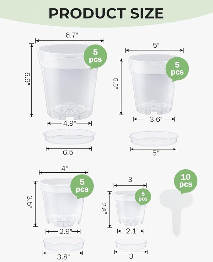 homenote 3/4/5/6 Inch Clear Nursery Pots 20 Pack with Drainage and Plant Saucers, Variety Pack Rigid High-Transparency Plastic Nursery Pots for Plants, Planter Nursery Pots with 10 Labels