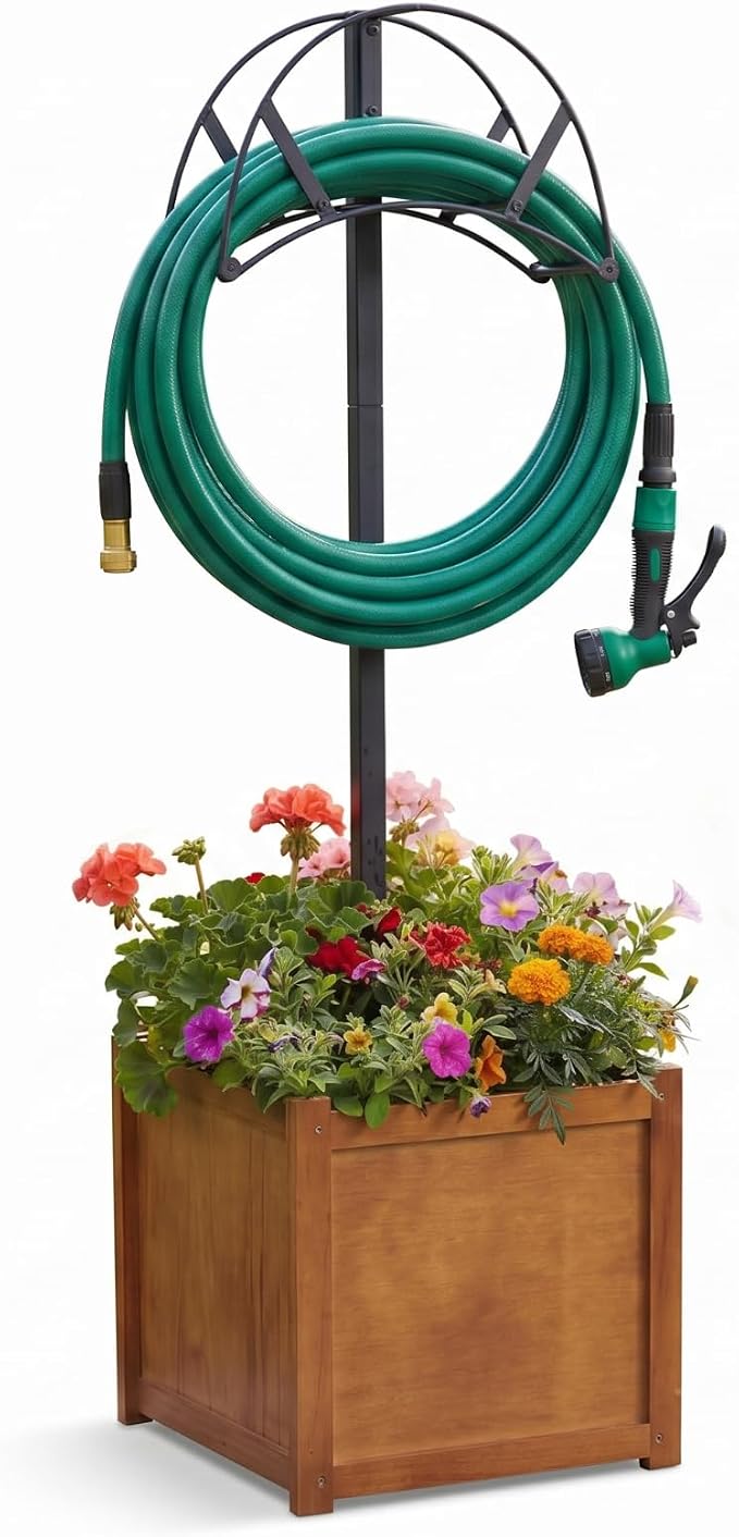 AceOrbit 2-in-1 Garden Hose Holder with Planter Box, Freestanding Heavy Duty Metal Water Hose Stand with Wooden Flower Pot 15.75", Detachable Organizer Rack for Patio Lawn Yard Garden Decor