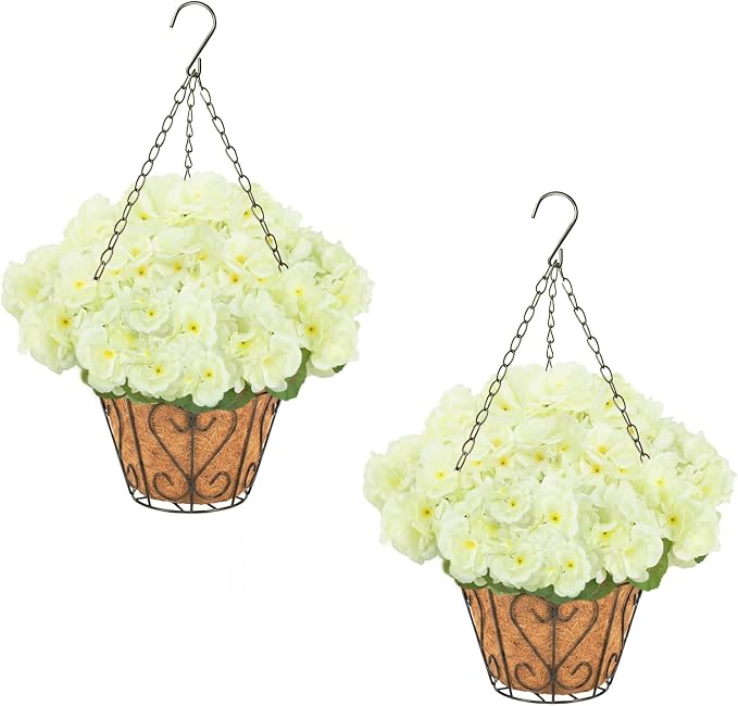 2 Pack Artificial Geraniums Flowers with Hanging Baskets,UV Resistant Silk Faux White Geranium Flowers with Hanging Planters for Outdoor Patio Balcony Front Porch Garden Home Decor
