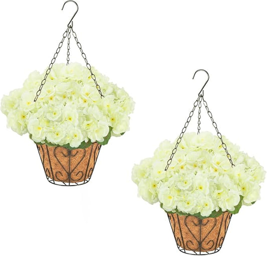 2 Pack Artificial Geraniums Flowers with Hanging Baskets,UV Resistant Silk Faux White Geranium Flowers with Hanging Planters for Outdoor Patio Balcony Front Porch Garden Home Decor