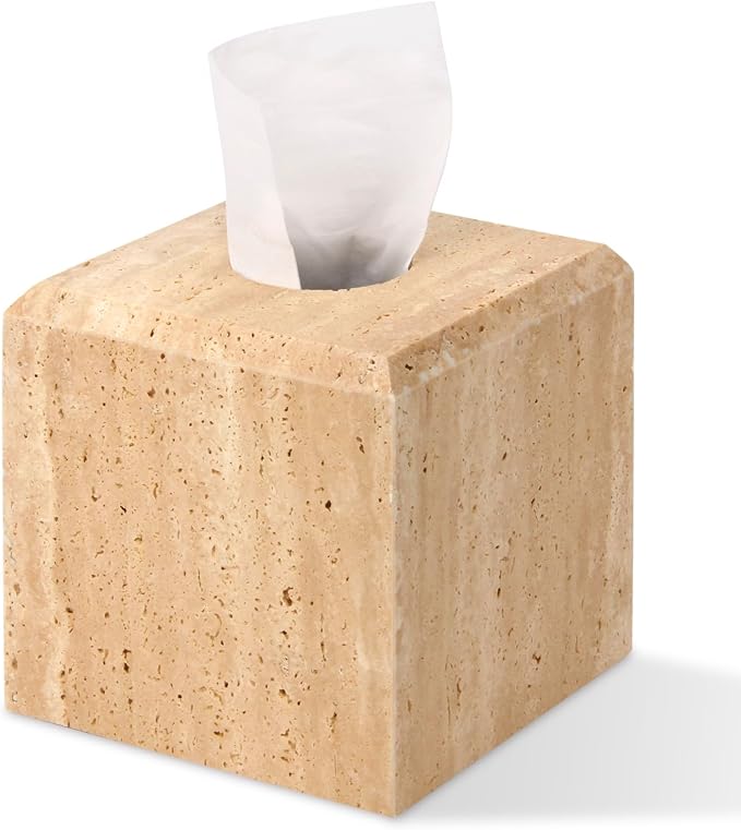 Natural Marble Square Tissue Box Cover,Stone Modern Decorative Sturdy Napkin Box Holder Case,Facial Paper Organizer for Bathroom Vanity Toilet Countertop,Kitchen (1, Travertine, 5.71 * 5.71 * 5.51)