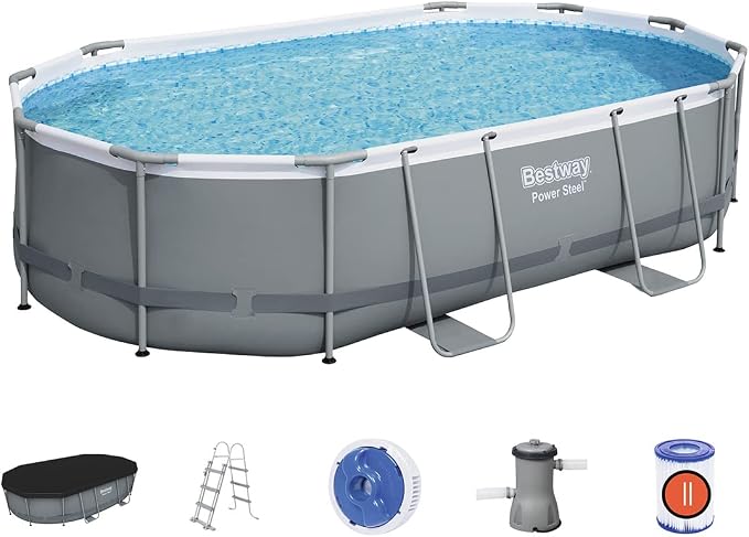 Bestway Power Steel Oval Frame Swimming Pool Set Dark Grey with Filter Pump and Accessories 488 x 305 x 107 cm