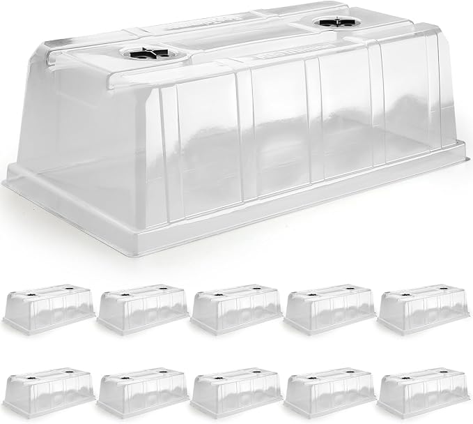 RooTrimmer 10 Pack 6.3" Tall Humidity Domes for 1020 Trays, Extra Strength Seed Starter Covers with 2 Adjustable Vents, Clear Plastic Propagation Cloning Lids for Germination & Microgreens, BPA-Free