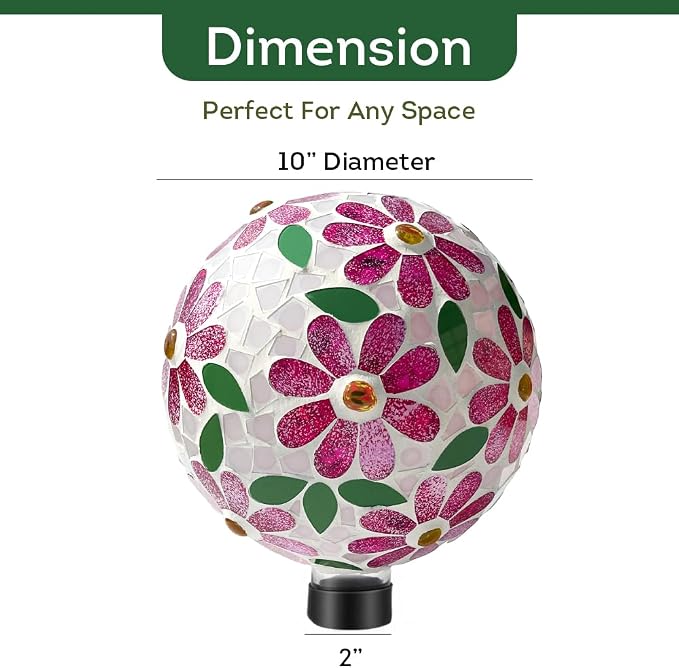 Lily's Home Colorful Mosaic Glass Gazing Ball, Durable Outdoor Reflective Globe - Enhances Yard, Patio, Home Ambiance for Garden Lovers, Vibrant Glass Flower Pattern (10" Diameter)