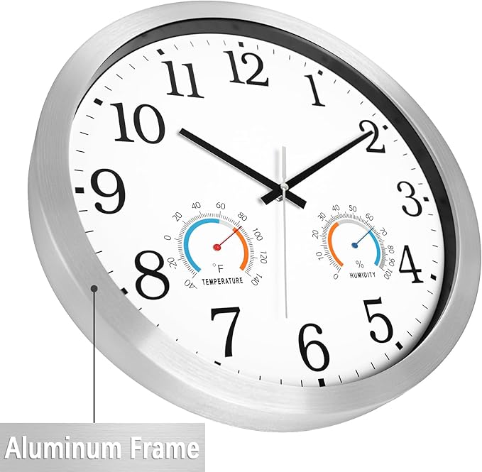 Caysie 16 Inch Indoor Outdoor Clocks Waterproof with Thermometer and Hygrometer Combo, Silent Battery Operated Quartz Metal Wall Clock for Patio Pool Bathroom Home (White)