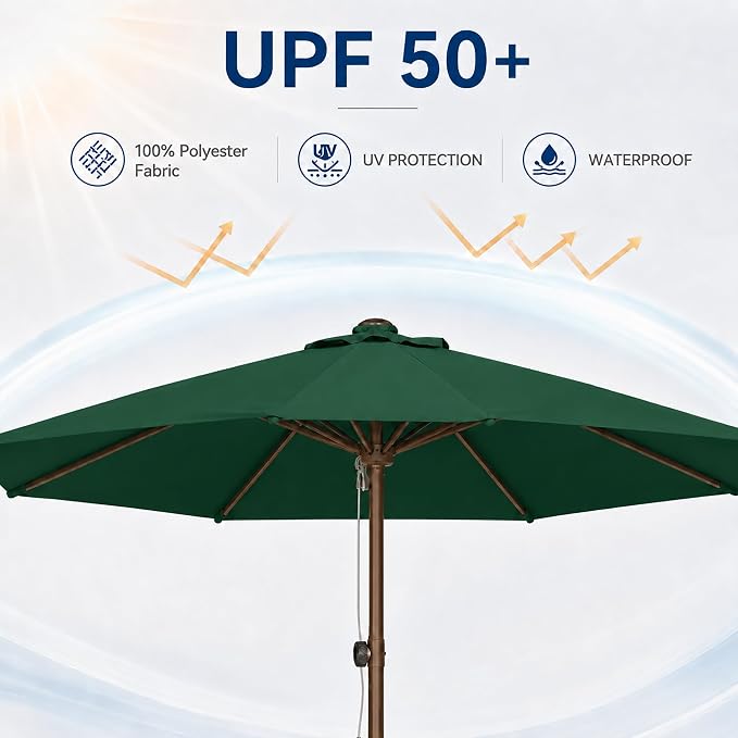 9FT Patio Umbrella, Outdoor Table Umbrella with Rope Pulley Lift, 3 Adjustable Heights, Market Umbrellas for Backyard, Pool and Deck, UPF50+