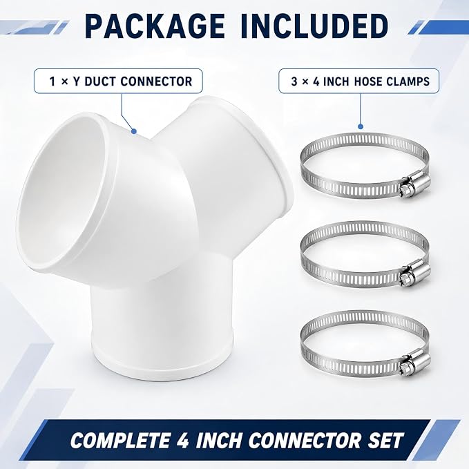 Enenes 4 Inch Y Duct Connector, Splitter for Exhaust Fan, Dryer Vent Hose | Duct Splitter with 3 Adjustable Hose Clamps for HVAC, Fresh Air Ventilation and Air Exchange Systems