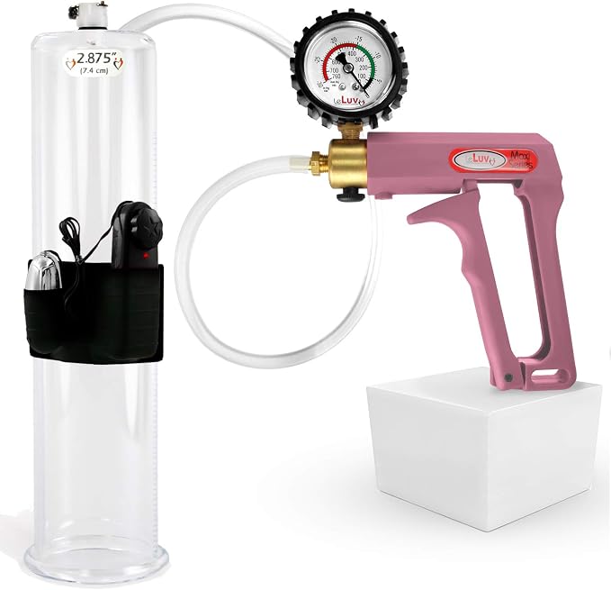 LeLuv Vibrating Penis Pump Maxi - Pink Nylon Handle + Protected Gauge - Bundle with Clear Hose - 12 inch Length x 2.875 inch Diameter Cylinder