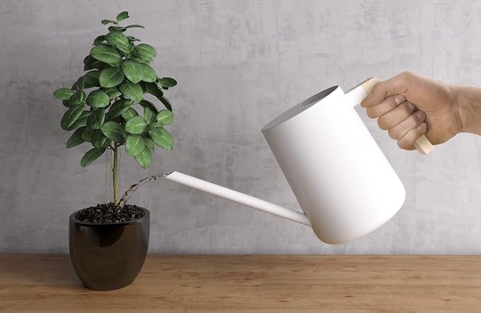 35 Ounce Metal Small Indoor Watering Can with Long Spout & Real Wood Handle for House Plants, Succulents, Cacti & Seedlings - White Long Spout Watering Can Indoor Plants - Gentle Flow & No Spills