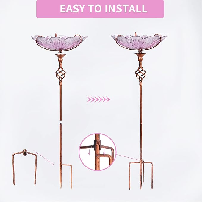 MUMTOP 31 Inch Height Glass Birdbath Birdfeeder with Metal Stake Garden Yard Outdoor Pink