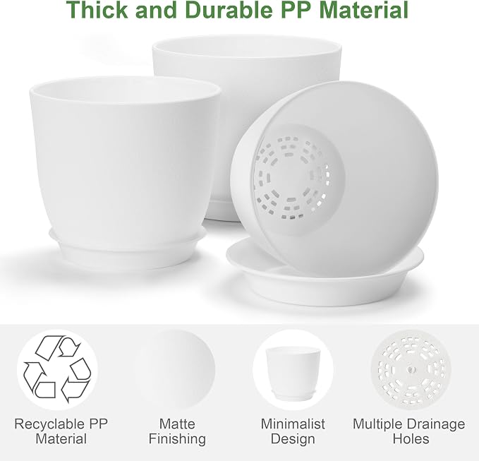 Plastic Plant Pots 9/8/7.5 inch Set of 3, Indoor Planters with Drainage Holes and Tray, Thickened Plastic Flowers Pots for Indoor Outdoor Garden Plants and Flowers, White