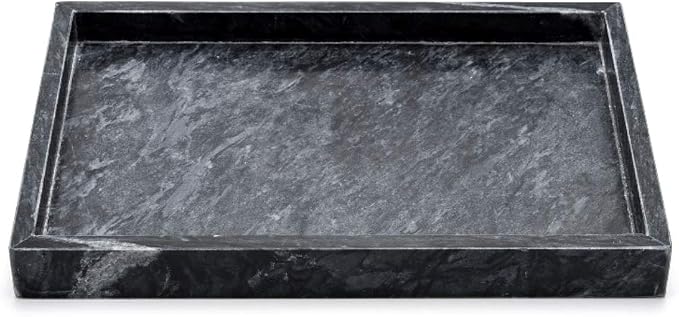 Black Marble Tray, Stone Bathroom Tray, Decorative Holder for Tissrue, Candle, Soap, Towel, Plant (Black - 10 x 6)