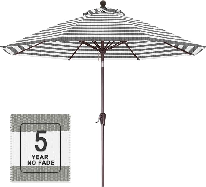 MASTERCANOPY Olefin 5-Year-Non-Fading 9ft Patio Umbrella with Tilt and Crank, Large UV Resistant Outdoor Table Umbrella with 8 Fiberglass Ribs for Deck, Yard & Market, Light Gray & White
