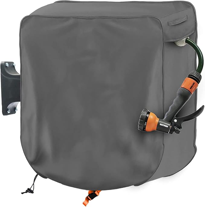 Wall Mounted Hose Reel Cover 26x11x18in 420D Waterproof | Oxford fabric, protection, ventilation, zipper, drawstring, dustproof, windproof, animal guard, backyard, garage, storage