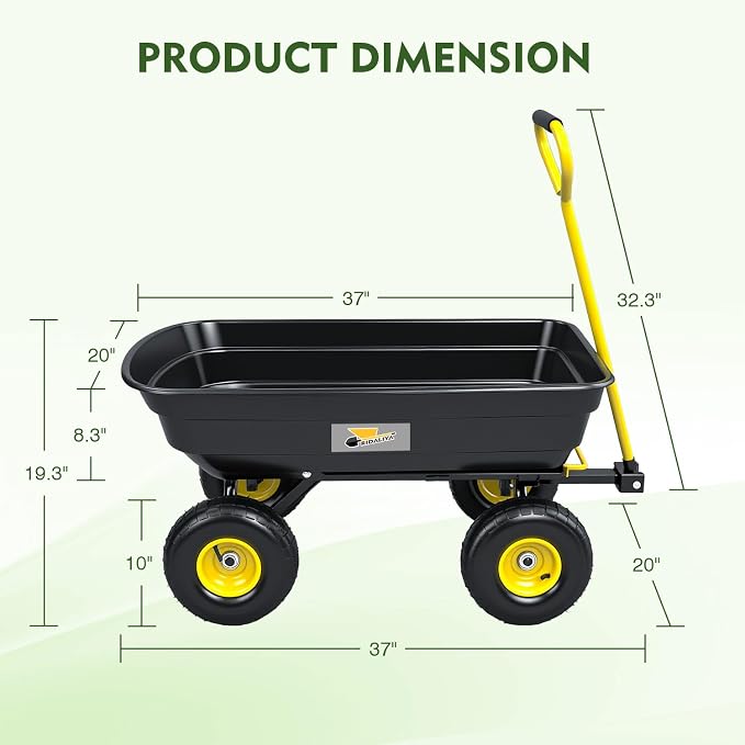 Garden Dump Cart, 5 Cu.Ft. Heavy-Duty Utility Wagon with 900lbs Capacity, 10" All Terrain Tires, 180° Rotating Handle for Yard, Lawn, and Outdoor Use