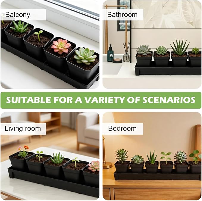 RooTrimmer 10 Pack Plastic Windowsill Saucer with 2.8 inch (7CM) Square Nursery Pots 60pcs, Rectangular Window Sill Plant Pot Trays with Removable Drainage Hole, Thick Plant Saucer Tray (Black)