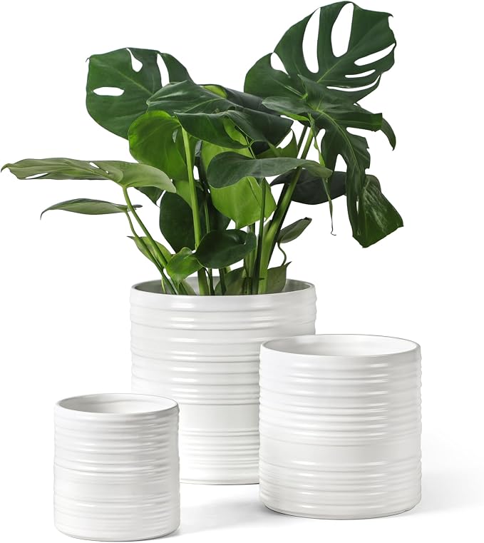 Fayoula Ceramic Planter, 10+8+6 Inch Plant Pots, Modern Striped Indoor/Outdoor Flower Pots for Succulents, Herbs, Home Office & Patio - Includes Mesh Pads & Saucer, Set of 3 ﻿