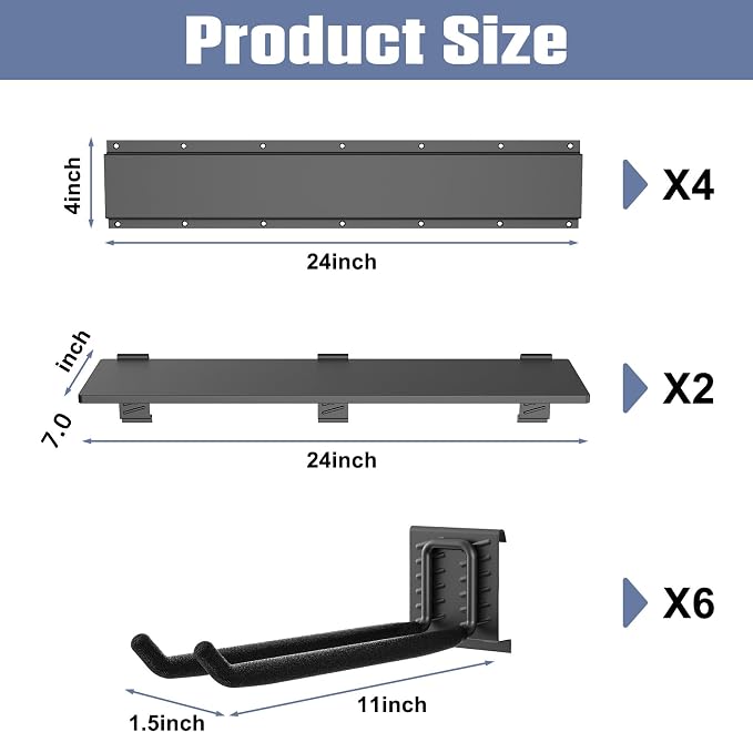 WALMANN Wall Mounted Garden Tool Rack with Shelves for Garage, Heavy Duty Folding Chair Hangers, 11-Inch Tool Storage Hooks for Shovels, Rakes, Ladders(Tool Rack with Shelf)