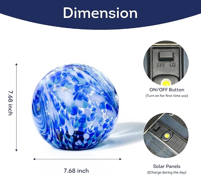 Lily's Home Gazing Ball - 7.68" Glass Globe with Solar Powered Lights - Outdoor Solar Lights for Yard & Patio - Garden Decor - Automatic On/Off Photosensitive Switch - Blue
