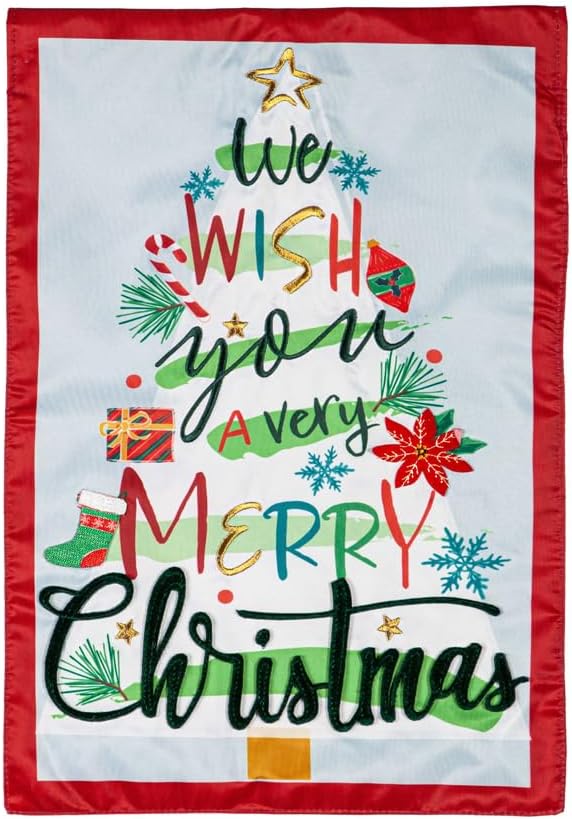 Evergreen Flag We Wish You a Merry Christmas Applique Garden Flag | 12x18 Inches Double Sided Christmas Garden Flag for Outside | Weather and Fade Resistant | Outdoor Flag Décor for Home, Yards and