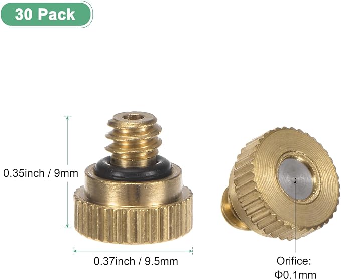 M METERXITY 30-Pack Brass Misting Nozzle, 0.004" 0.1mm Orifice 10/24 UNC O-Ring Replacement Mister Nozzles Plug Mister Heads for Garden Patio Outdoor Cooling System Low-Pressure Atomizing