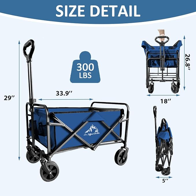 Collapsible Utility Cart Folding Wagon, 320lbs Capacity Lightweight Rolling Cart with Quiet Wheels, Quick-Fold Design for Camping, Shopping, Ourdoor Use, Blue