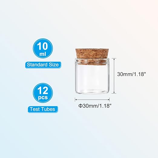 PATIKIL 10ml Test Tubes, 12pcs 1.18x1.18 Glass Clear Flat Bottom Test Tube Containers with Cork Stopper for Bead Party Candy Bath Salt Storage Scientific Experiment Plant Propagation