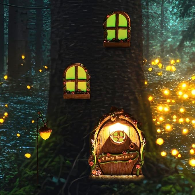 MEETYAMOR Miniature Fairy Garden Accessories, 4 PCS Glow-in-the-Dark Opening Fairy Door & Windows for Trees, Magical Yard Art Outdoor Statues, Fairy House Kit Garden Decor for Outside, Patio