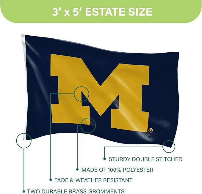 NCAA University Of Michigan Flag with Grommets, 3'x5' Michigan Wolverines Outdoor College Flags & Banners for Garden Patio Indoor Wall Décor
