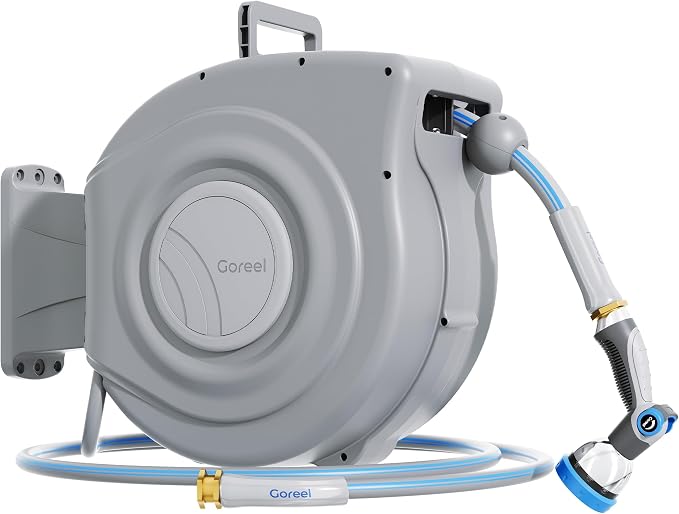 Retractable Garden Hose Reel 1/2 in x 65 ft Heavy Duty Automatic Water Hose Reel with 10-Function Sprayer Nozzle Kink-Free Auto Rewind Any-Length Lock 180° Swivel UV Resistant - Light Gray