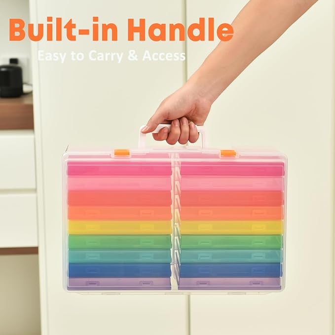NINU Photo Storage Box with Handle, 5" x 7" Photo Organizer Storage Container with 18 Inner Case and 1 Sheet Blank Labels for Pictures, Arts, Crafts, Sewing, Seeds, Office Supplies (Colorful)