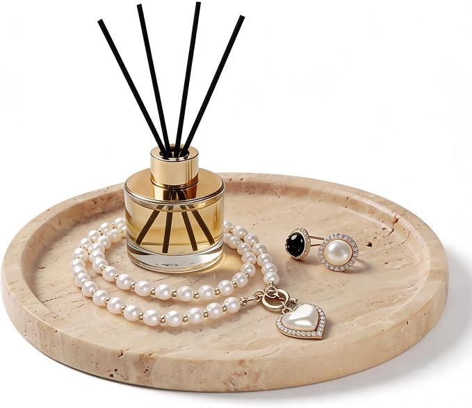 Natural Round Marble Tray - 7.8" Travertine Marble Vanity Tray for Dresser, Bathroom, Decorative Jewelry Dish for Perfumes Rings Earrings Necklaces, Stone Tray for Home Décor, Beige
