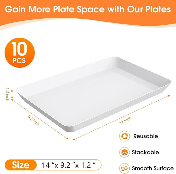 10-Pack Serving Tray, Serving Platter for Parties, Entertaining, Camping & Food Display, Reusable & Stackable Plastic Trays in Kitchen, Rectangular Food Platters for Cookie, Appetizer(White)
