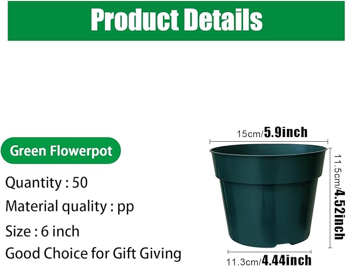 RooTrimmer 50 Pack 6 Inch Nursery Pots, Planting Grow Plastic Flower Pots, Thick Planters with Drainage Holes for Outdoor/Indoor Plants Succulent Herb (Green)