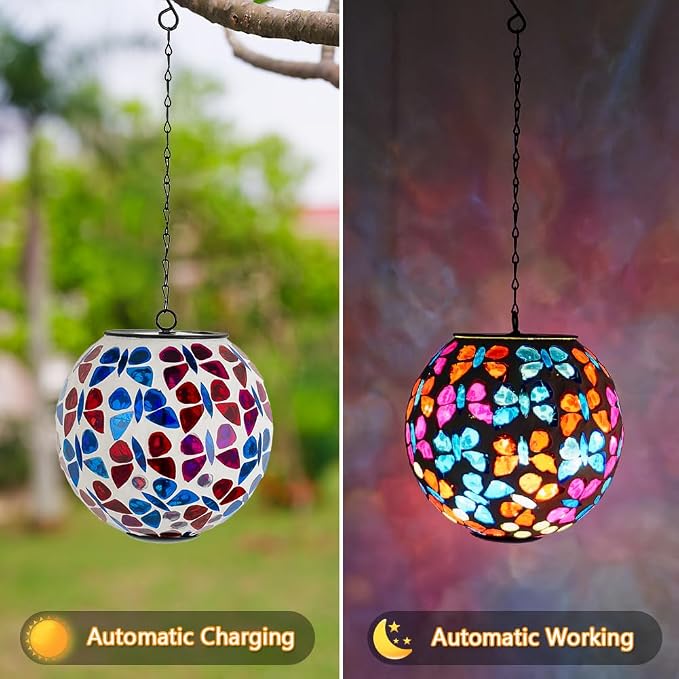 Solar Hanging Lanterns Red Blue Glass Mosaic Gazing Ball Globe Hanging Lantern Lights Outdoor Waterproof for Patio Garden Yard Home Decor (Colorful Butterfly)