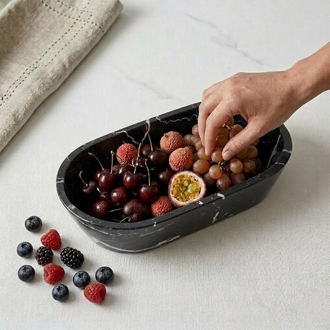 Radicaln Marble Dough Bowl 10" Inches Black Handmade Marble Bowl For Keys, Ideal Oval Bowl, Decorative Bowl and Candy Bowl For Entryway Table Décor