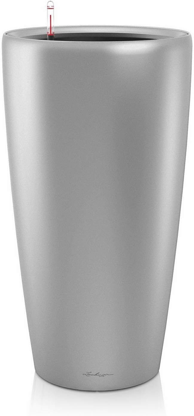 Lechuza Rondo 40 Self Watering Planter Large Garden Flower Plant Pot Indoor/Outdoor Floor Planter with Drainage Hole and Plant Substrate Poly Resin D40 H75 cm Silver Metallic