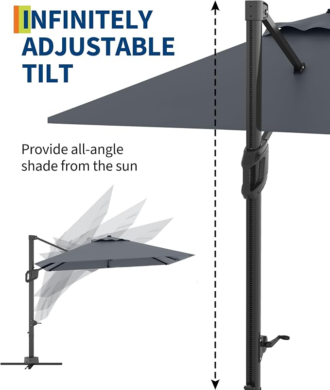 PeakPursuit 10' x 10' Square Cantilever Umbrella - Heavy Duty Aluminum Patio Sun Shade Offset Umbrella with 360-Degree Rotation for Outdoor Decor, Backyard, Deck, Pool