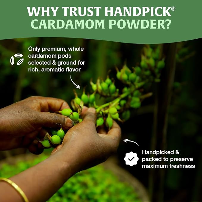 HANDPICK Cardamom Powder (100g/3.53oz) Gluten Free, Raw Ground Elaichi for Cooking, Smoothies, Lattes, Masala Tea, Packed in Resealable Zip Lock Pouch
