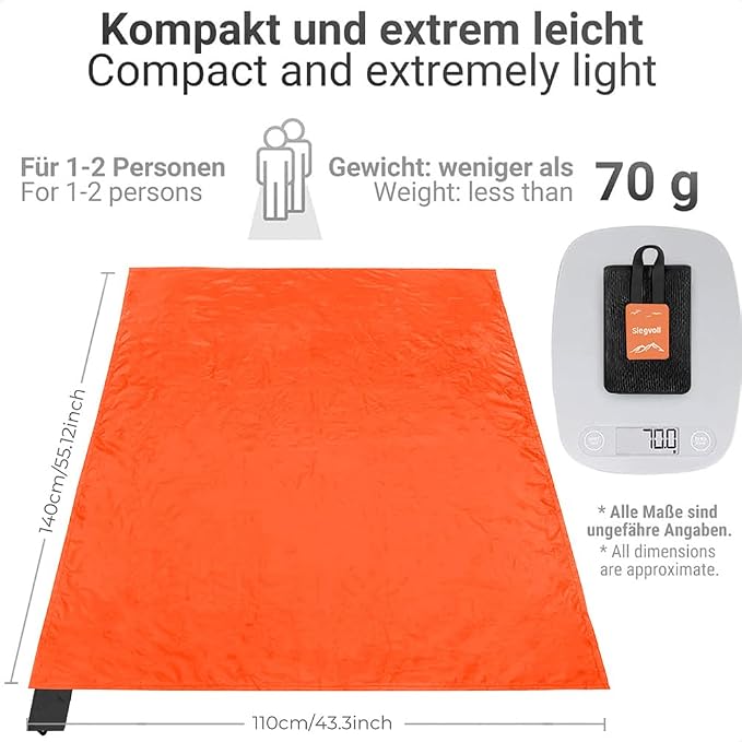 Pocket Picnic Blanket for 1-2 Persons, 43.3x55.12″(2.54oz) Super Light Compact Beach Blanket,SandProof Waterproof Portable Beach Picnic Mat for Outdoor Hiking Camping Travel Festival (orange)