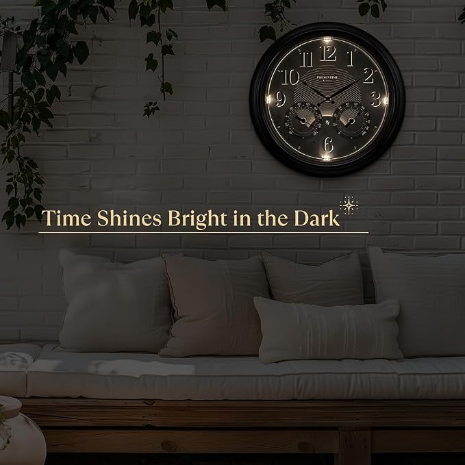 Presentime & Co 18" Illuminated in/Outdoor Atomic Clock with Smart Sensor and Night Light, Waterproof, Large Wall Clock with Thermometer & Hygrometer, for Garden and Patio, Silver.