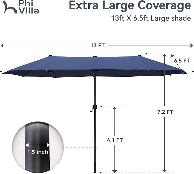 PHI VILLA 13ft Outdoor Market Umbrella Double-Sided Twin Large Patio Umbrella with Crank, Navy Blue