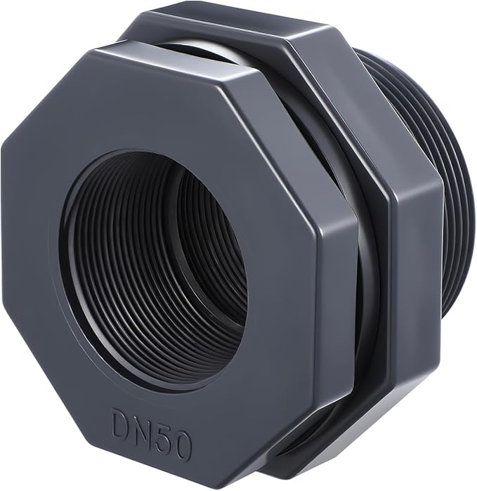 1 Pcs 2 Inch Bulkhead Fitting PVC Water Tank Connector Plumbing Pipe Threaded Bulkhead Fitting NPT for Rain Barrels, Water Tanks, Aquariums, Tubs, Pools