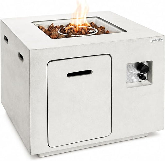 SereneLife Propane Gas Fire Pit Table - 40,000 BTU Outdoor Square Firepit with Lava Rocks, Cover, Adjustable Flame Height, and Weather-Resistant Design - Perfect for Backyard or Patio