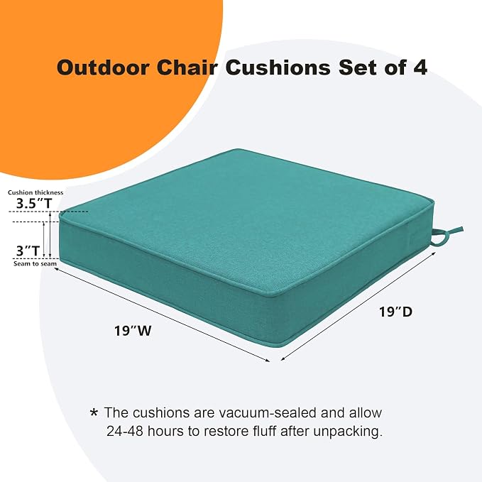 Unimatta Square Corner Seat Cushions, 19" x 19" x 3", Set of 4, Indoor Outdoor Water Repellent Universal Chair Pads with Ties for Patio Furniture, Garden Deck Dining Chairs, Turquoise