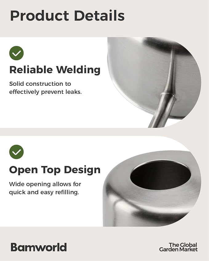 Bamworld Metal Watering Can for Indoor Outdoor Plant 1L/35oz Silver Stainless Steel Watering Can with Long Spout for House Potted Plants Succulents Bonsai Garden Flowers