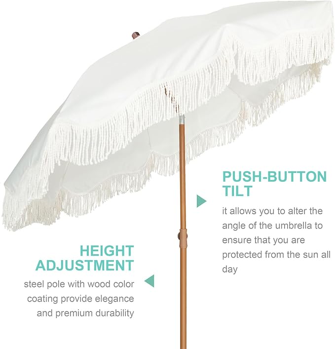 AMMSUN Boho Fringe Umbrella with Beach Blanket, 6.5ft UPF50+ Picnic Umbrella with Tassels with Steel Pole & Push Button Tilt, Antique White