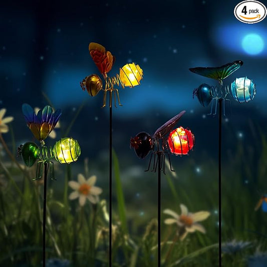 Insects Solar Garden Lights, 22.4" H Butterfly & Bee & Dragonfly & Ladybug Solar Stake Light, 4 Pcs Outdoor Statues Figurine Lights for Spring Garden Lawn Patio Yard Decoration
