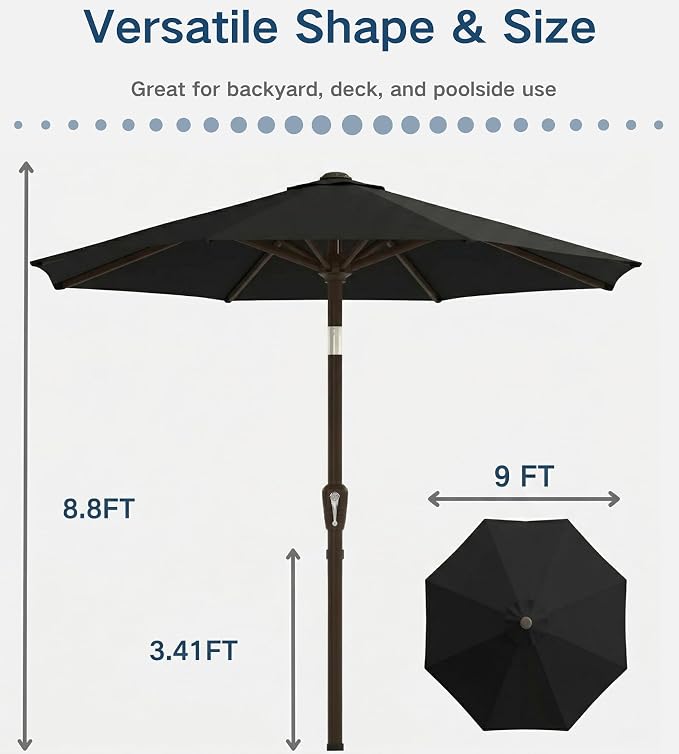 PatioKingdom Auto-Tilt 9FT Patio Umbrella Outdoor with 8 Sturdy Fiberglass Ribs,Market Table Umbrella for Pool,Backyard,Deck and Garden
